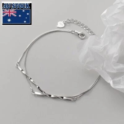 Woman Real s925 Sterling Silver Double Layers Twist Box Chain Bracelet Bangle  - Image 1 of 4