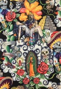 Contigo Day of the Dead Fabric Black Alexander Henry  7204B Black ~By The Yard - Picture 1 of 1