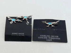 Southwest Sterling Silver & Turquoise Small Roadrunner Earrings & Pin WR-16 - Picture 1 of 7