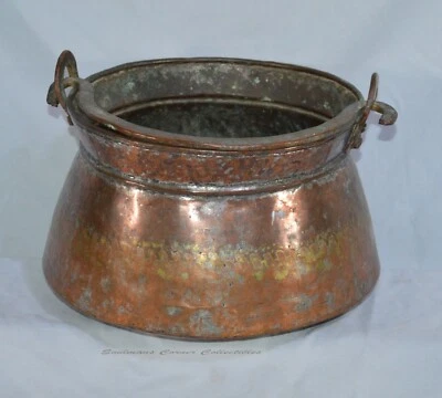 LAST CHANCE!! Antique Hand Made Copper Cauldron Dovetailed Seams Large Handle - Image 1 of 4