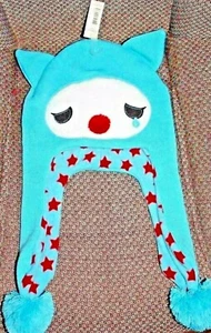 NEW! Retro- Aqua Monster Kitty EARFLAP Beanie Hat with a tear on the face, warm - Picture 1 of 4