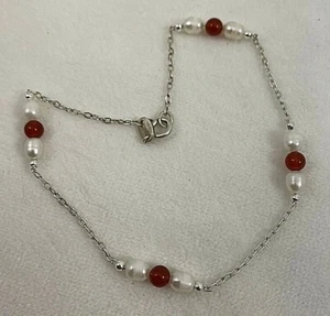 Handmade ~ Sterling Silver .925 Carnelian Pearl 9" Anklet Ankle Bracelet - Picture 1 of 4