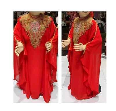 Nuevo Kaftan Niños Ramzan Eid Georgette Largo Marroquí Elegante Boda Trabajo a Mano Foto 1 de 4