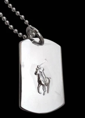 Ralph Lauren серебряного цвета латуни собаки ярлык пластина из нержавеющей стали ожерелье W/коробка неиспользованный H4 - Изображение 1 из 4