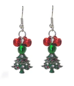 CHRISTMAS TREE SilverPlated Green Christmas Tree Dangle Christmas Bells Earrings - Picture 1 of 1