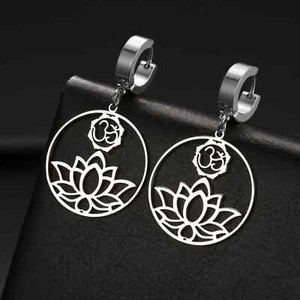 Pendientes colgantes flor de loto yoga om mujer colgante redondo acero inoxidable joyería - Imagen 1 de 10