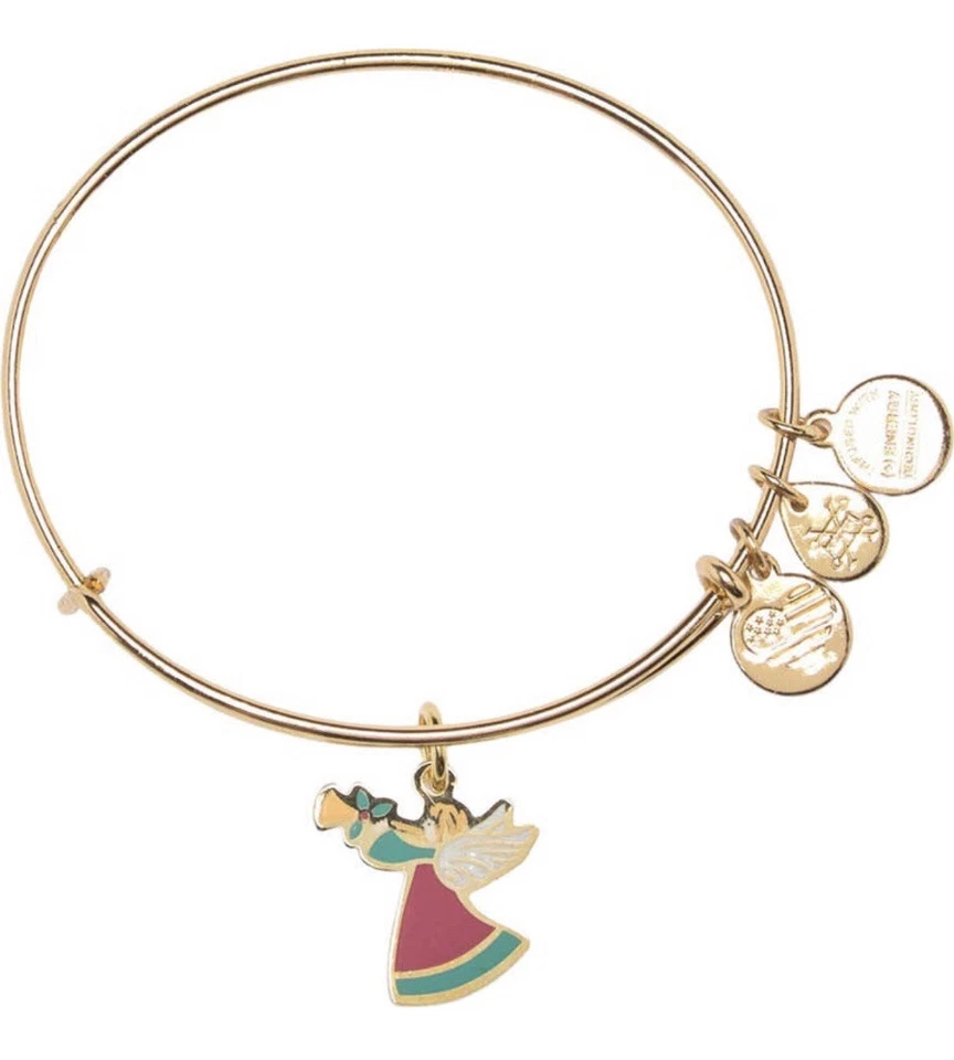 Alex and Ani Shiny Gold Red Green Enamel Holiday Angel Expandable Wire Bracelet