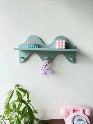 Floating Shelves for Wall Shelf with Hooks Key Holder Purse Rack Hanger Wood ... - Image 1 of 4