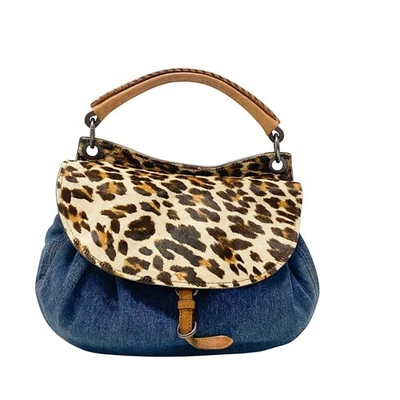 MIU MIU Blue Denim & Leopard Print Pony Hair Two Way Bag - Image 1 of 4