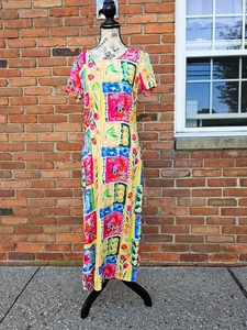 New VTG Hilo Hattie Hawaiian Tropical Rayon Maxi Dress Yellow Pink Blue Size 10 - Picture 1 of 18