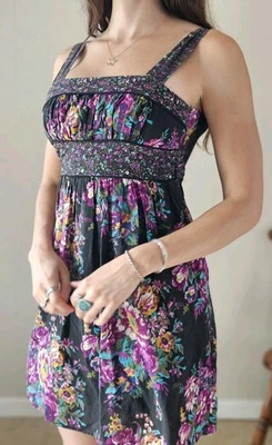 Vintage Y2K Black Floral Cotton Whimsigoth Sun Dress - Image 1 of 4