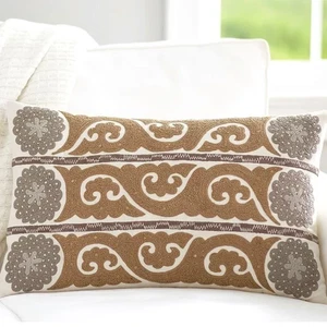 Pottery Barn Suzani Gold Grey Embroidered Pillow Cover Lumbar 16" X 26" - Picture 1 of 8
