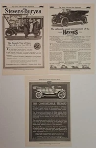 3 Antique Automobile Ads 1912 Stevens-Duryea AA X Haynes 21 & Thomas Phaeton Car - Picture 1 of 7