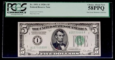 1928 A $5 Dollar Federal Reserve Note Boston PCGS 58 PPQ Numeric (1) A15770689A - Image 1 of 2