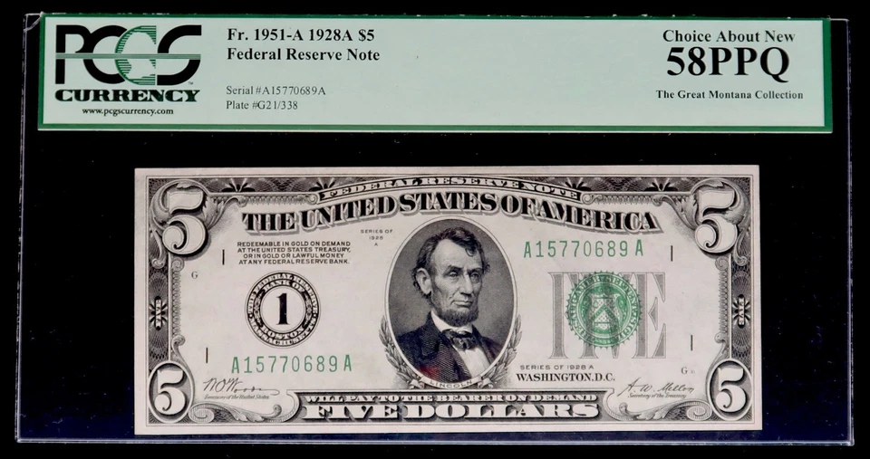 1928 A $5 Dollar Federal Reserve Note Boston PCGS 58 PPQ Numeric (1) A15770689A - Image 1 of 2