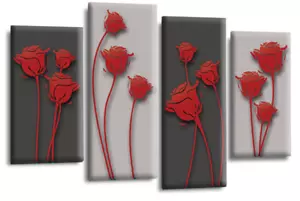 Blumenmuster Blume Kunstdruck grau rot Mohn Rose gerahmt Leinwand geteiltes Bild groß - Bild 1 von 41