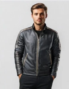 Vintage 90 Y2K Wilsons Leather Moto Cafe Racer Jacket Stripe Biker Size Large - Picture 1 of 18