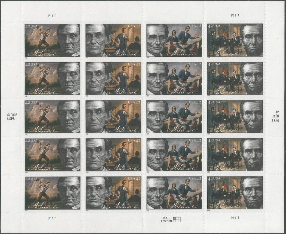 Sheet of 20 stamps - Scott 4380-83 - 42 cent - Abraham Lincoln - 2009 - MNH - Image 1 of 1