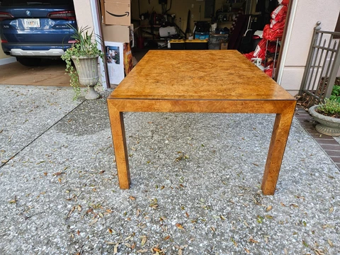 John Widdicomb Mid-Century Modern Burl Wood Expandable Parsons Dining Table Used Cover