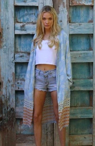 Angie Womens Blue Floral Kimono Cardigan Cover Boho Summer Beach Gypsy Size M - Picture 1 of 4