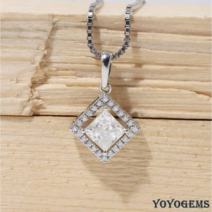 2 CT Princess Cut Moissanite Halo Wedding Pendant Solid 14K White Gold For Her - Picture 1 of 11