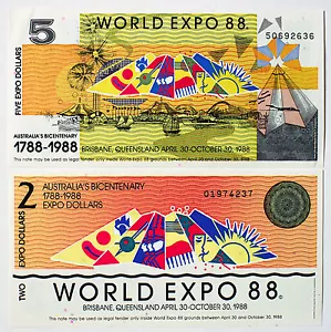 Set 2 diff. Australia scrip currency World Expo 1988 Au-Unc. 2 and 5 Dollars - Picture 1 of 2