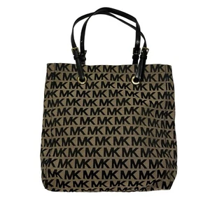 Michael Kors Leather Trim Signature Monogram Tote Shoulder Bag Black Brown - Picture 1 of 15