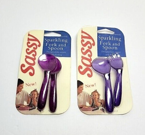 Vintage Sassy Sparkling Fork Spoon Set of 2 Pink Purple Easy to Hold NOS 1995