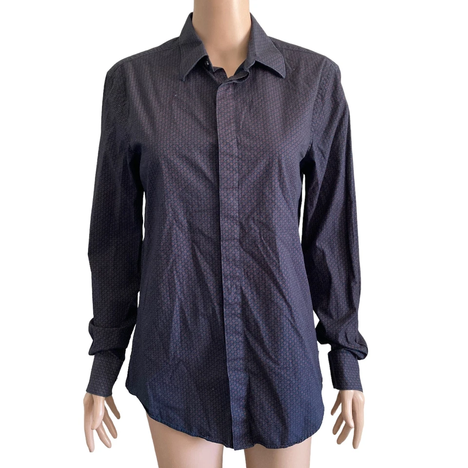 Camisa masculina PERRY ELLIS pequena azul botão frontal slim fit vermelha padrão geométrico - Imagem 1 de 4