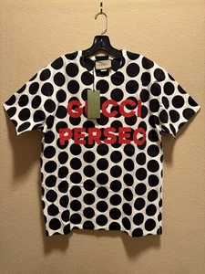 New Authentic Gucci Logo Polka Dot T Shirt White Black Size M - Picture 1 of 10