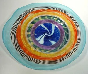 20" HAND BLOWN GLASS WALL OR TABLE PLATTER, DIRWOOD, RED BLUE GOLD PURPLE, n3378 - Picture 1 of 6