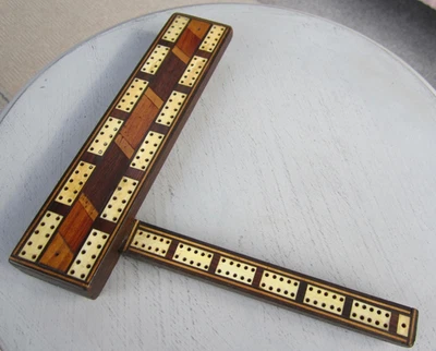 Antique Marquetry Inlaid Wood Folding Cribbage Board  & Bovine Bone Pegs 1900-20 - Image 1 of 4