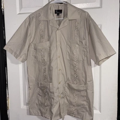 Omega Moda Para Hombres Guayabera Talla Mediana Cosido Beige Bolsillos Cubano Miami Años 80 Foto 1 de 4