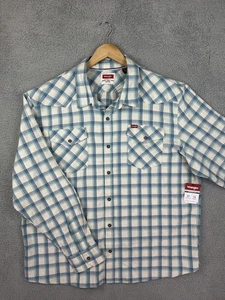 Wrangler Western Shirt Mens 2XL Blue Plaid Pearl Snap Five Star Premium Stretch - Picture 1 of 10
