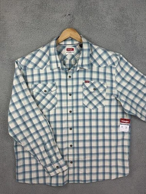 Wrangler Western Shirt Mens 2XL Blue Plaid Pearl Snap Five Star Premium Stretch - Image 1 of 4