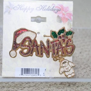 Christmas Brooch or pin metal word Santas with angel charm - Picture 1 of 4