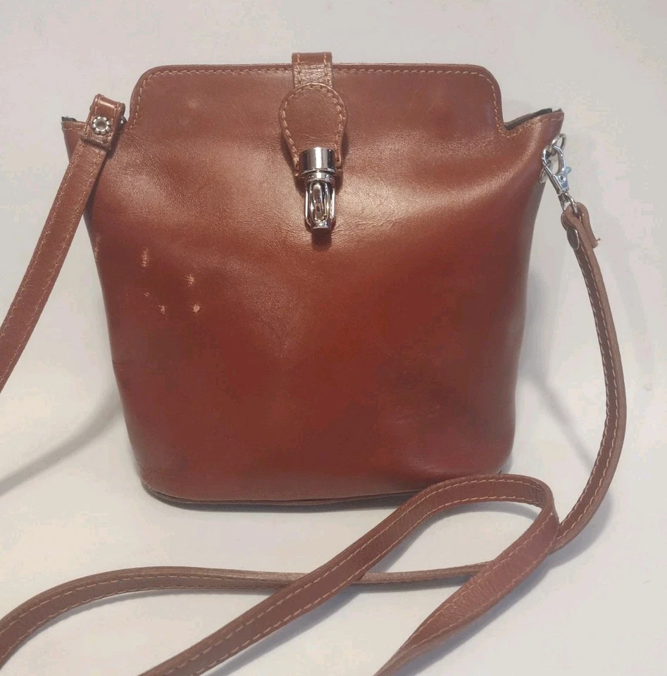 Vintage Vera Pelle Cognac Brown Italian Leather Small Bucket Crossbody Bag - Image 1 of 4