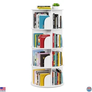 4 Tier Rotating Bookshelf Tower, Spinning Bookcase Carousel, White Storage - Picture 1 of 7