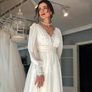 Elegant Chiffon Wedding Dresses A-line Temperament V-neck Open Back Bridal Gowns - Picture 1 of 9