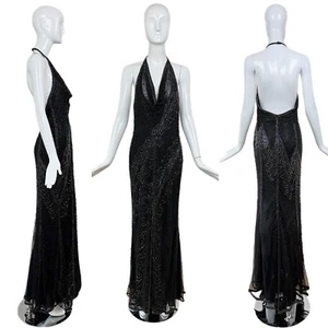BOB MACKIE vintage black beaded halter open back maxi dress evening gown - Picture 1 of 11