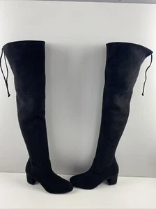 Stuart Weitzman Black Suede Round Toe Pull On Block Heel Thigh High Boots Size 6 - Picture 1 of 9