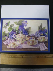 Gem Stone GREETING CARD Blank Inside Purple Flowers Tea Setting w/Envelope NOS - Picture 1 of 3