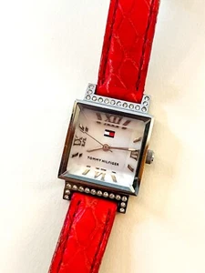 Tommy Hilfiger Watch Red Leather Buckle Band Silver Tone Rectangular Face - Picture 1 of 6