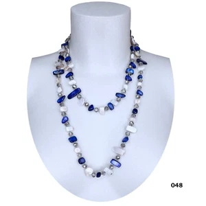 Blu Bianco Collana Madreperla Cristallo Pietre Dure Filo Lungo Donna 110cm M/48 - Foto 1 di 2