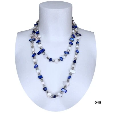 Blau Weiß Halskette Perlmutt Kristall Halbedelsteine Draht Lang Frau 110cm M/48 - Bild 1 von 2