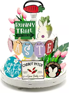 18 Pcs Easter Tiered Tray Decor Set - Farmhouse Easter Day Carrot and Bunny Wood - Picture 1 of 12