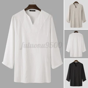 Hombres Manga Larga Cuello en V Algodón Lino Kurta Camiseta Túnica Suelta Prendas para el torso Blusa Camiseta EE. UU. - Imagen 1 de 14
