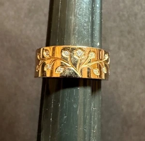 Steeltime Goldtone Floral Engraved Wide Band Ring Size 7 CZ Rhinestone Accents - Picture 1 of 7
