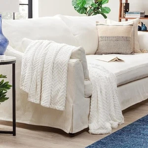 Chanasya Comfy Super Soft Cozy Faux Fur Embossed Throw Blanket - Off White - Picture 1 of 4