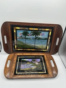 2 VTG Brazilian Rio de Janeiro Morpho Butterfly Wing Inlay Wood 2-handle Trays - Picture 1 of 15